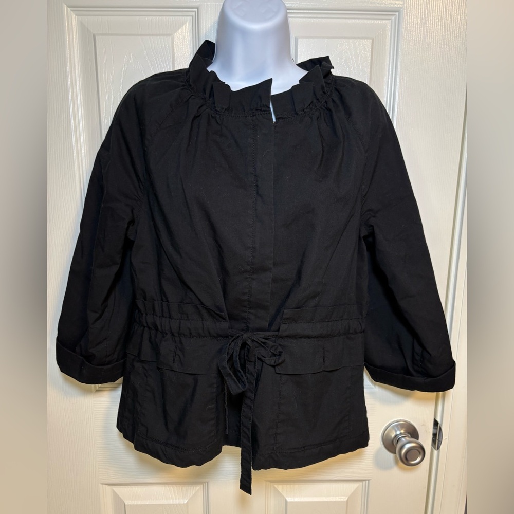 Black Loft jacket with feminine ruffles and zipper details & roll sleeves small